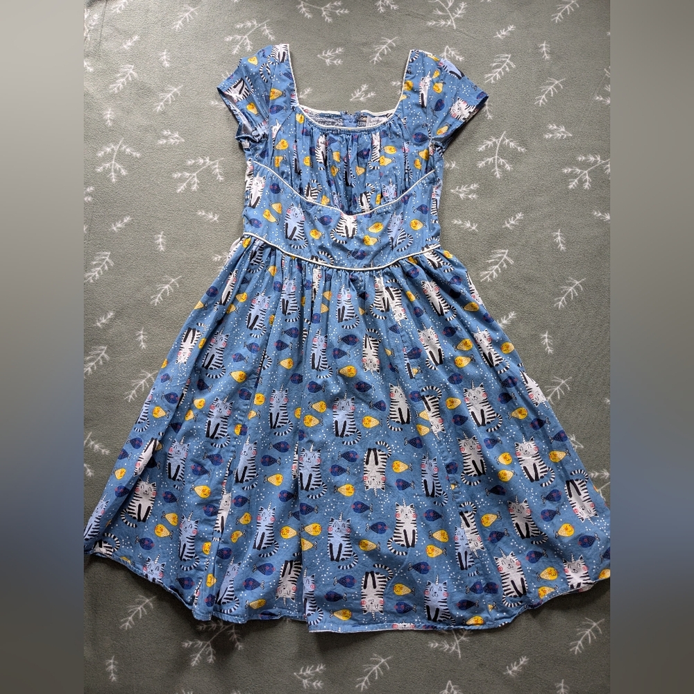 Unique Vintage Unicorn Cat & Fish Print Valencia Swing Dress L Pinup